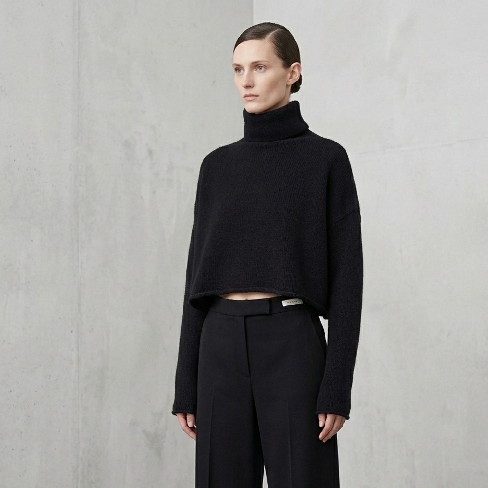 Vince Black Wool Blend Cropped Turtleneck Sweater Boxy Knit M